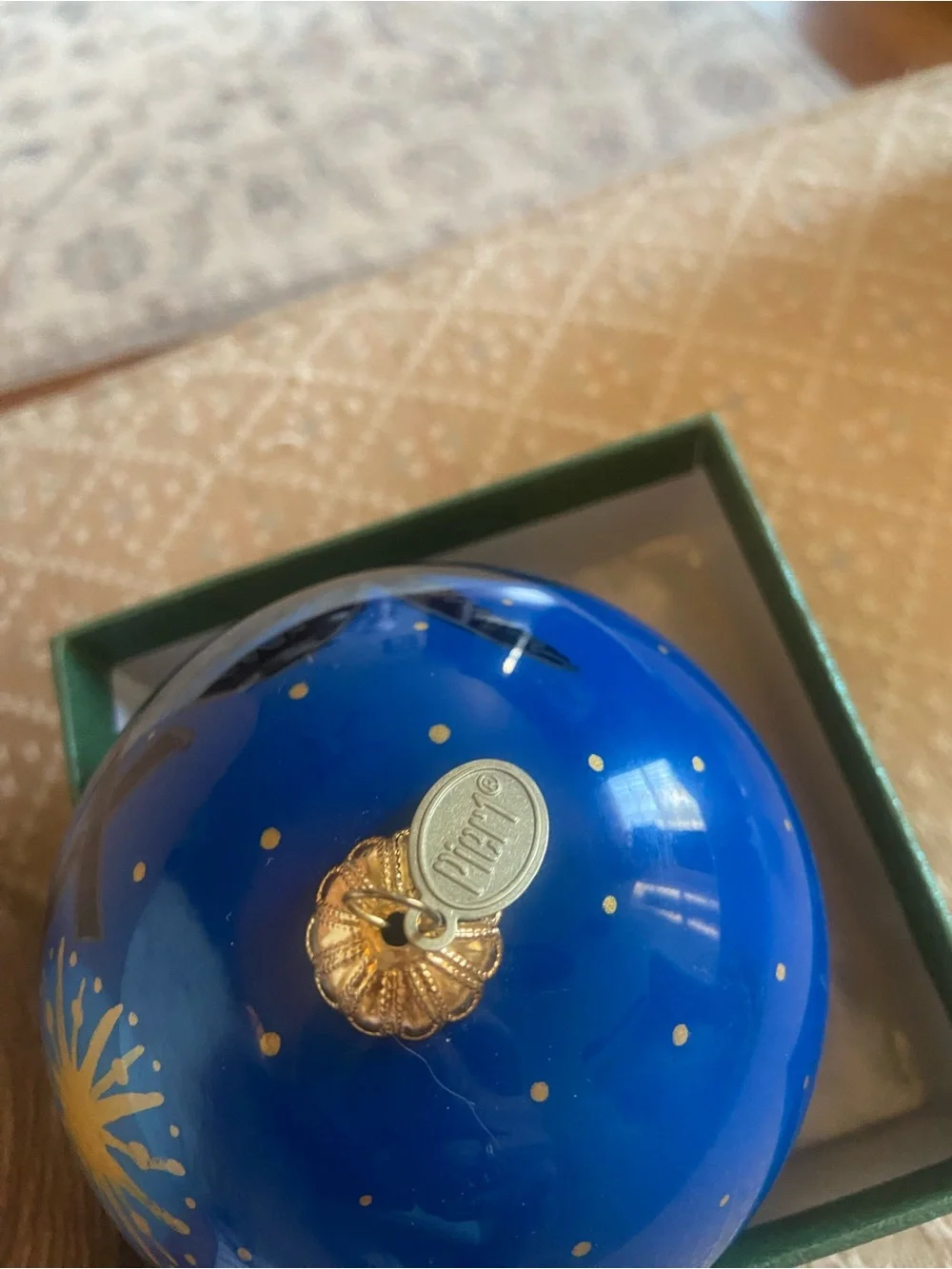 Pier 1 Blue Hand-Painted Palm Tree Glass Ornament in A Padded Box